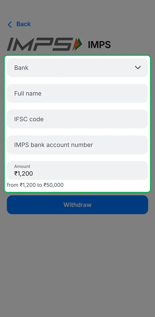 Specify the sum and payment info for your 1Win withdraw transaction.