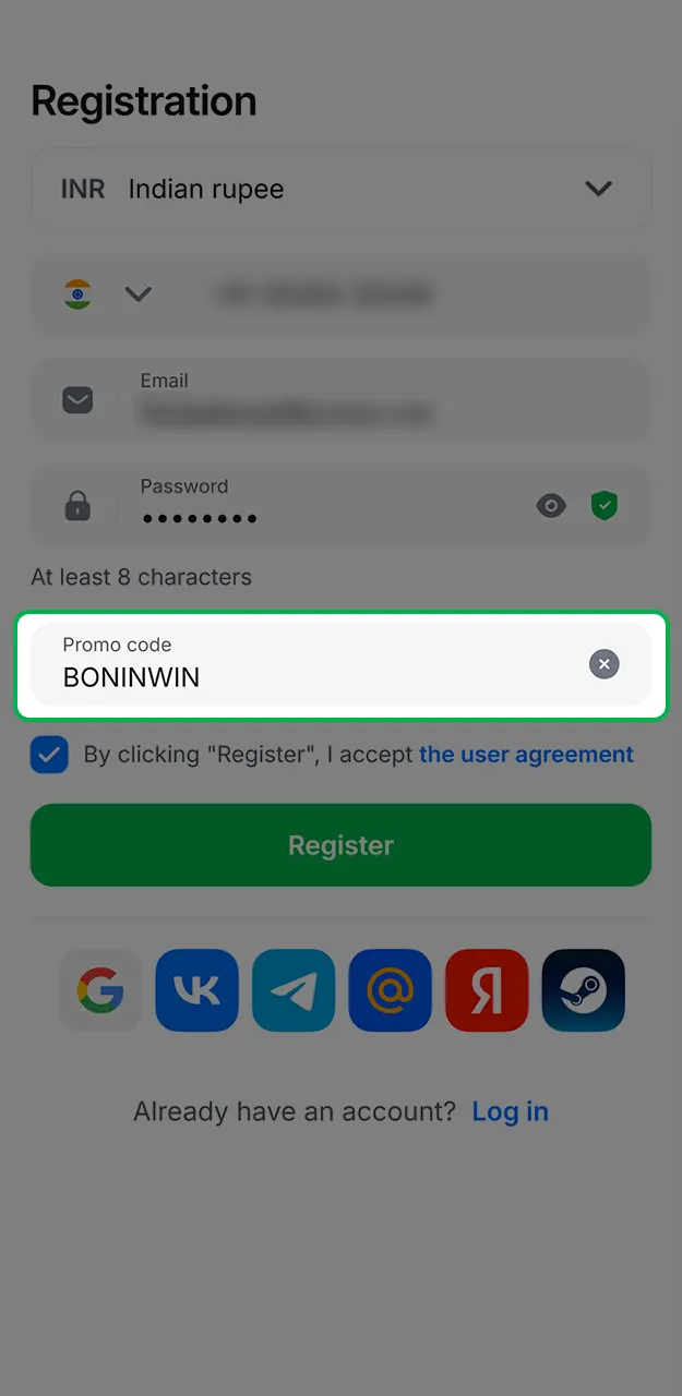Type the active 1Win promo code into the specific registration field.