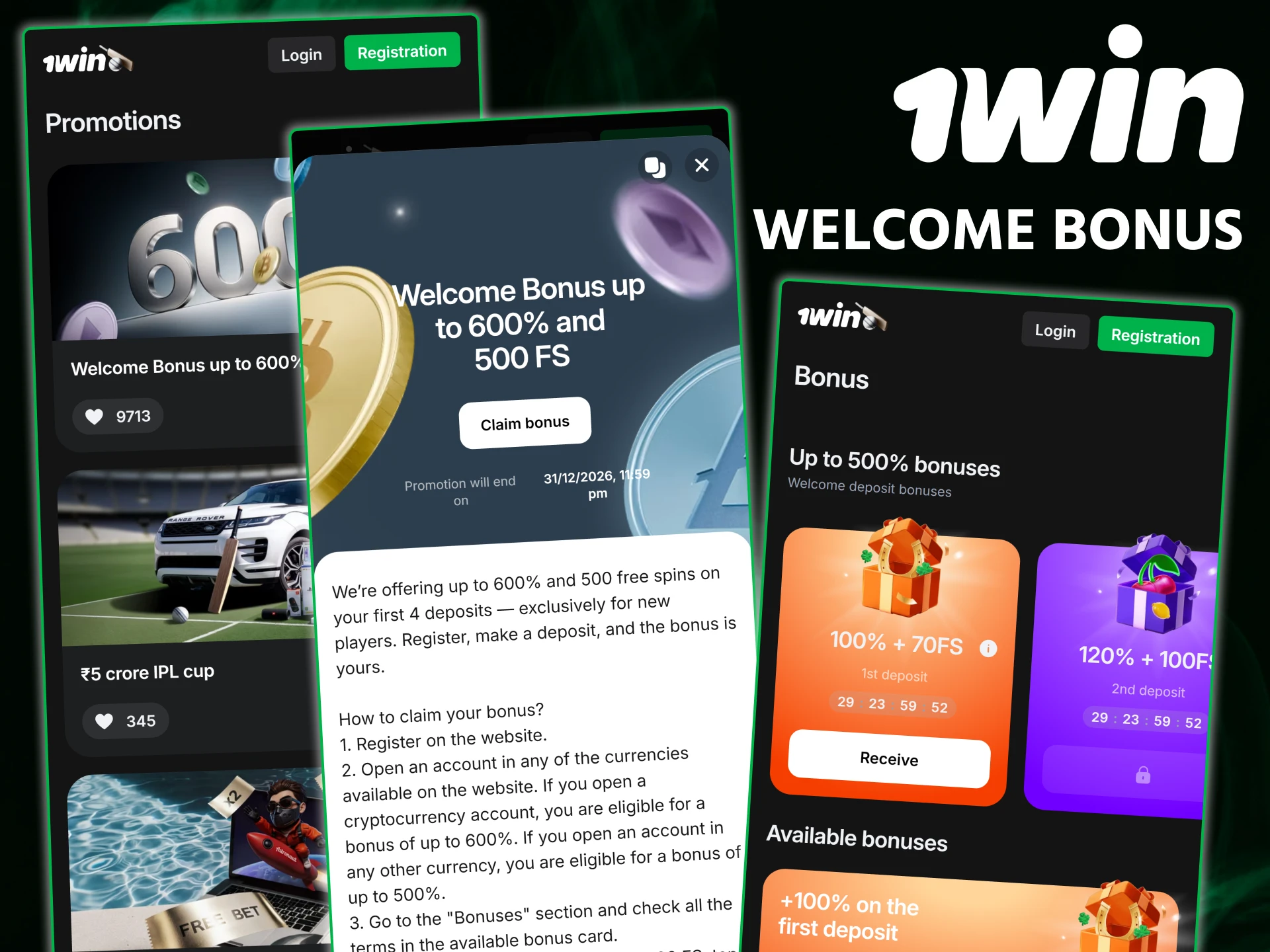 Get 1win welcome bonus when you sign up through the mobile app.