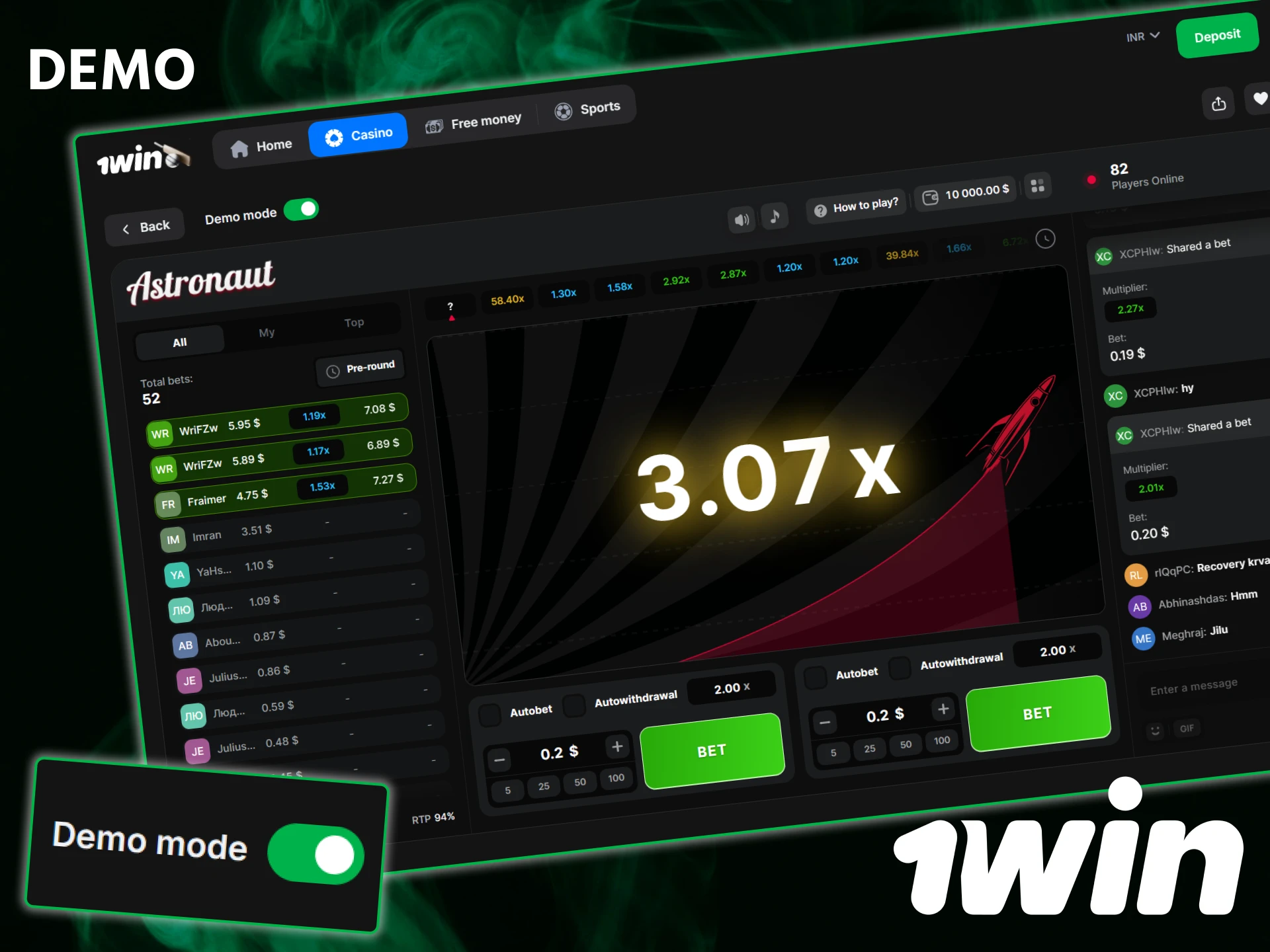 Try the 1win Astronaut demo to practice your timing without risking real money.
