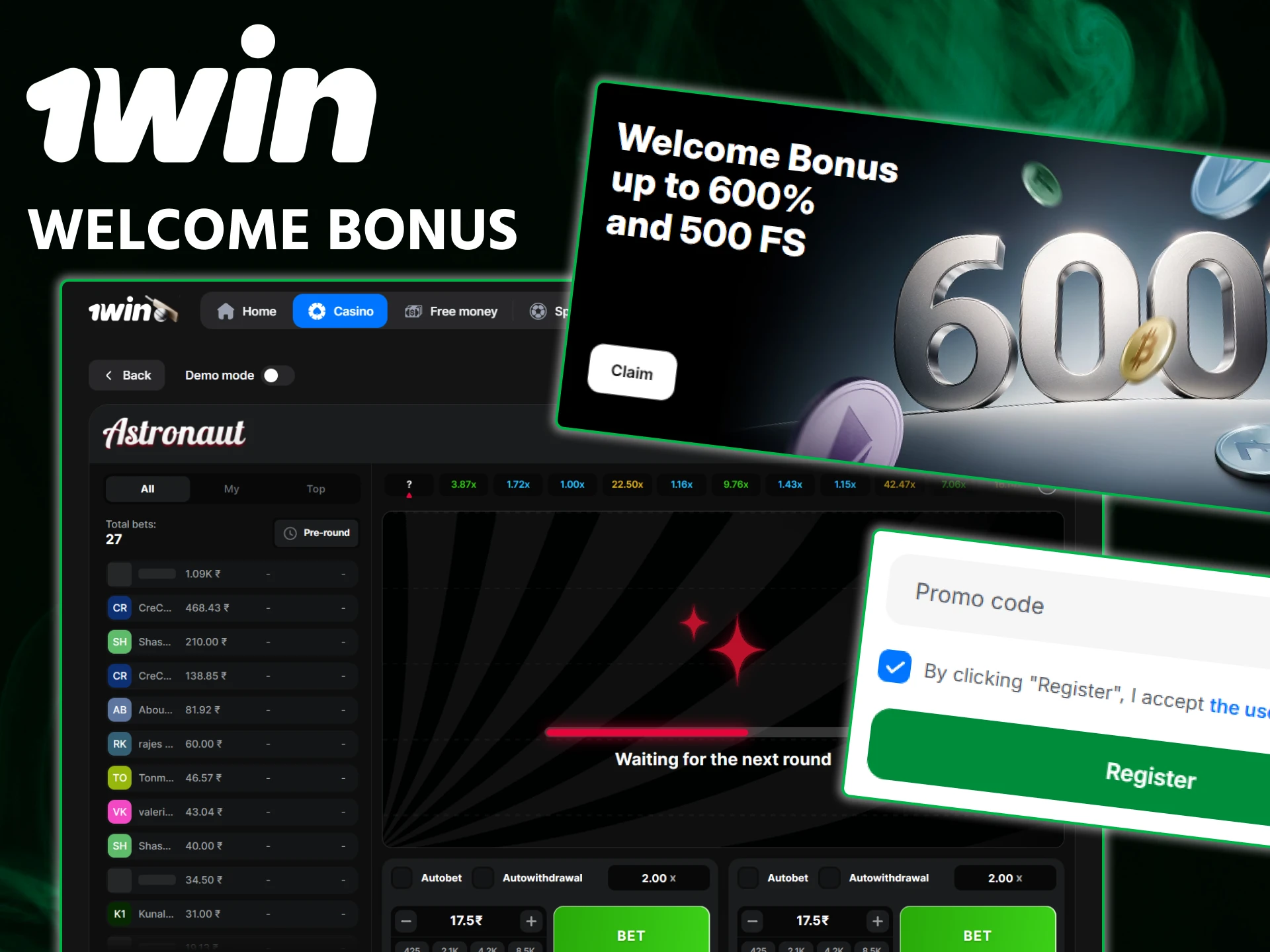 Claim your massive 1win welcome bonus to increase your balance for the Astronaut game.