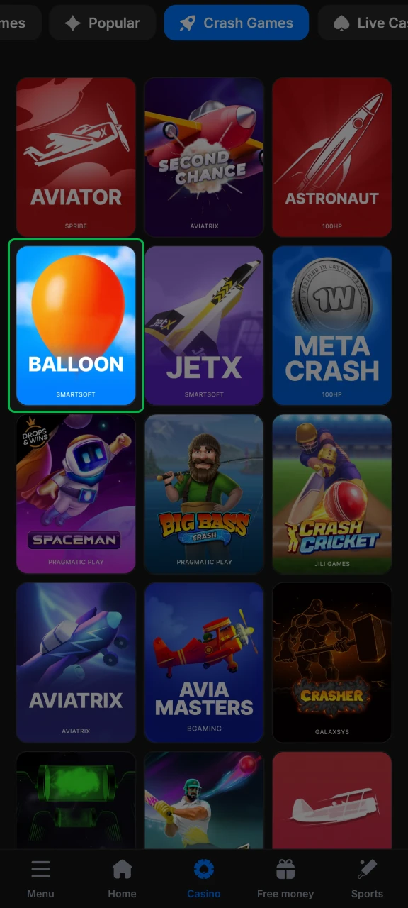 Search for Balloon in the special field or the Crash Games section at 1win casino.