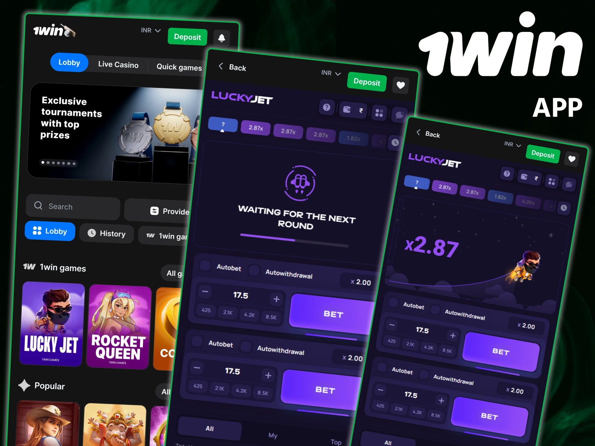 Install the 1win app to play Lucky Jet on your mobile device.
