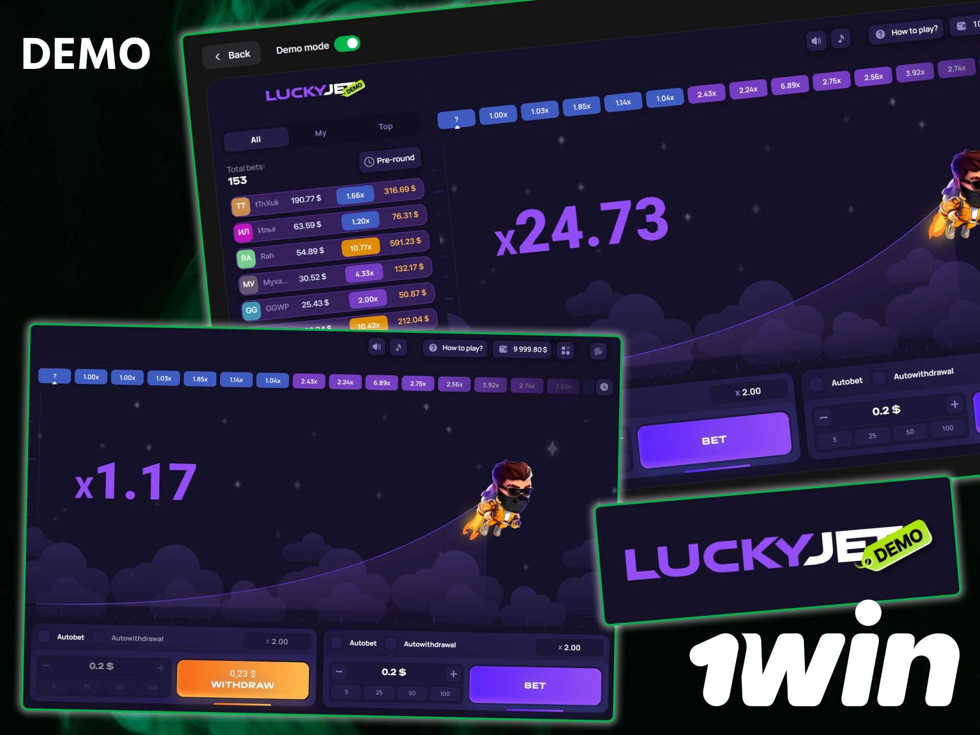 Try the 1win Lucky Jet demo to test the mechanics of the game for free.