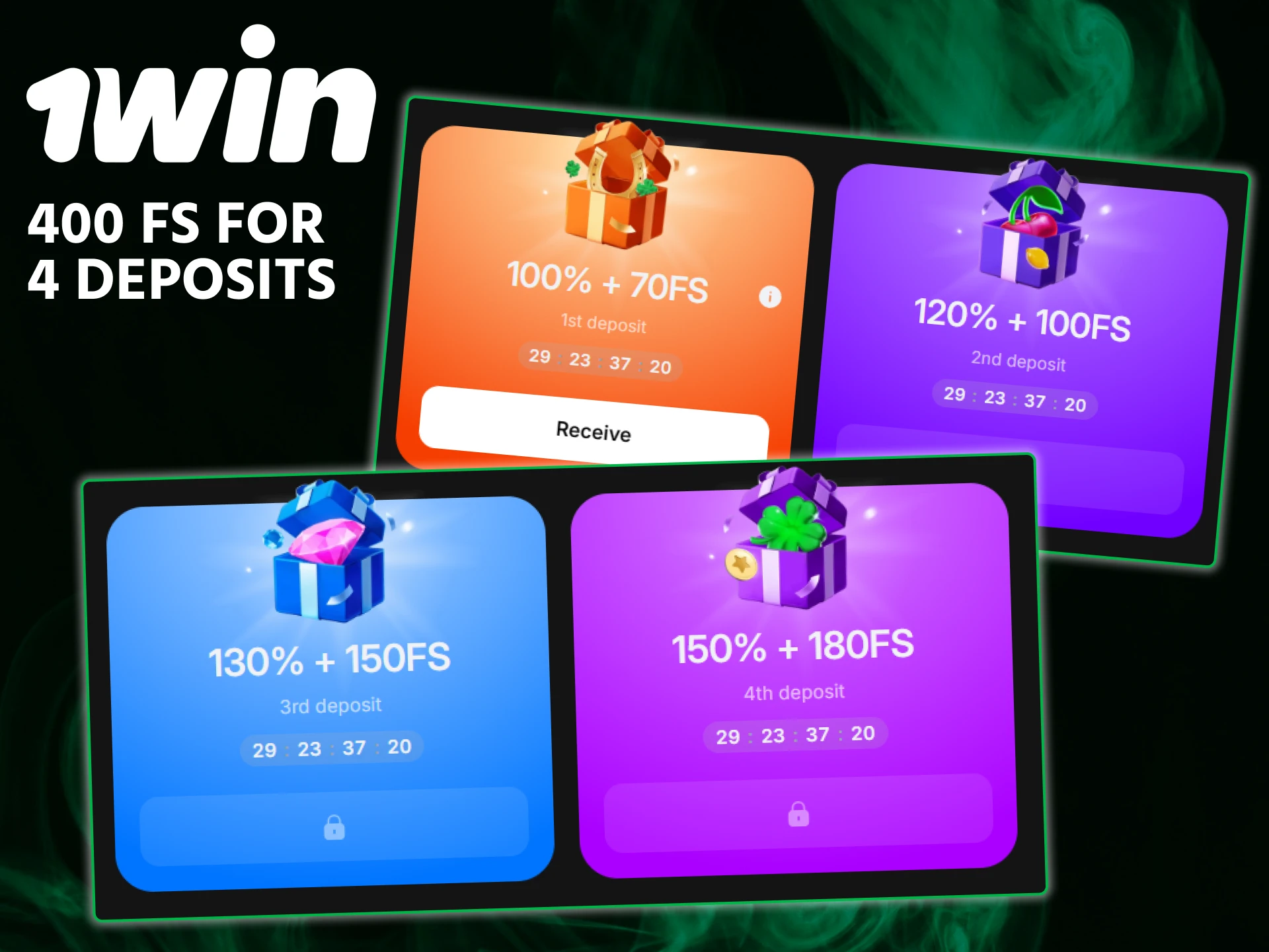 Unlock 400 FS for your 4 deposits to play top slots at 1win.