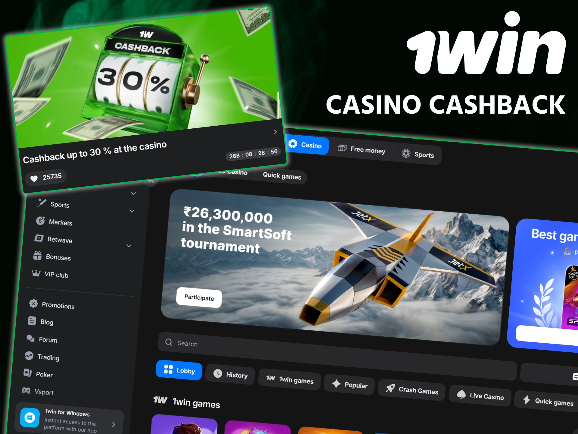 Recover your funds with the weekly Casino Cashback offer at 1win.