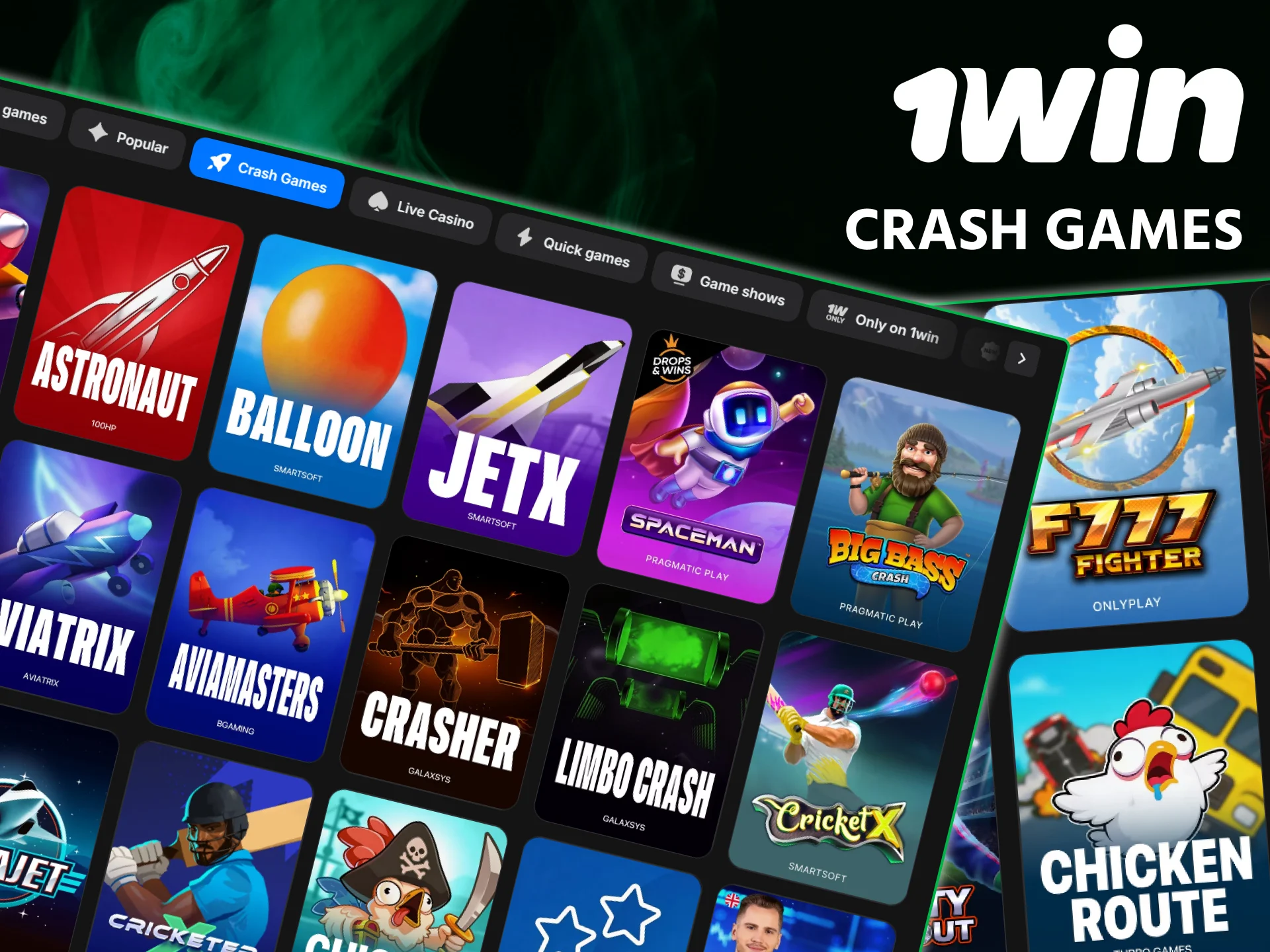 Play high-speed Crash Games like Aviator and JetX at 1win.