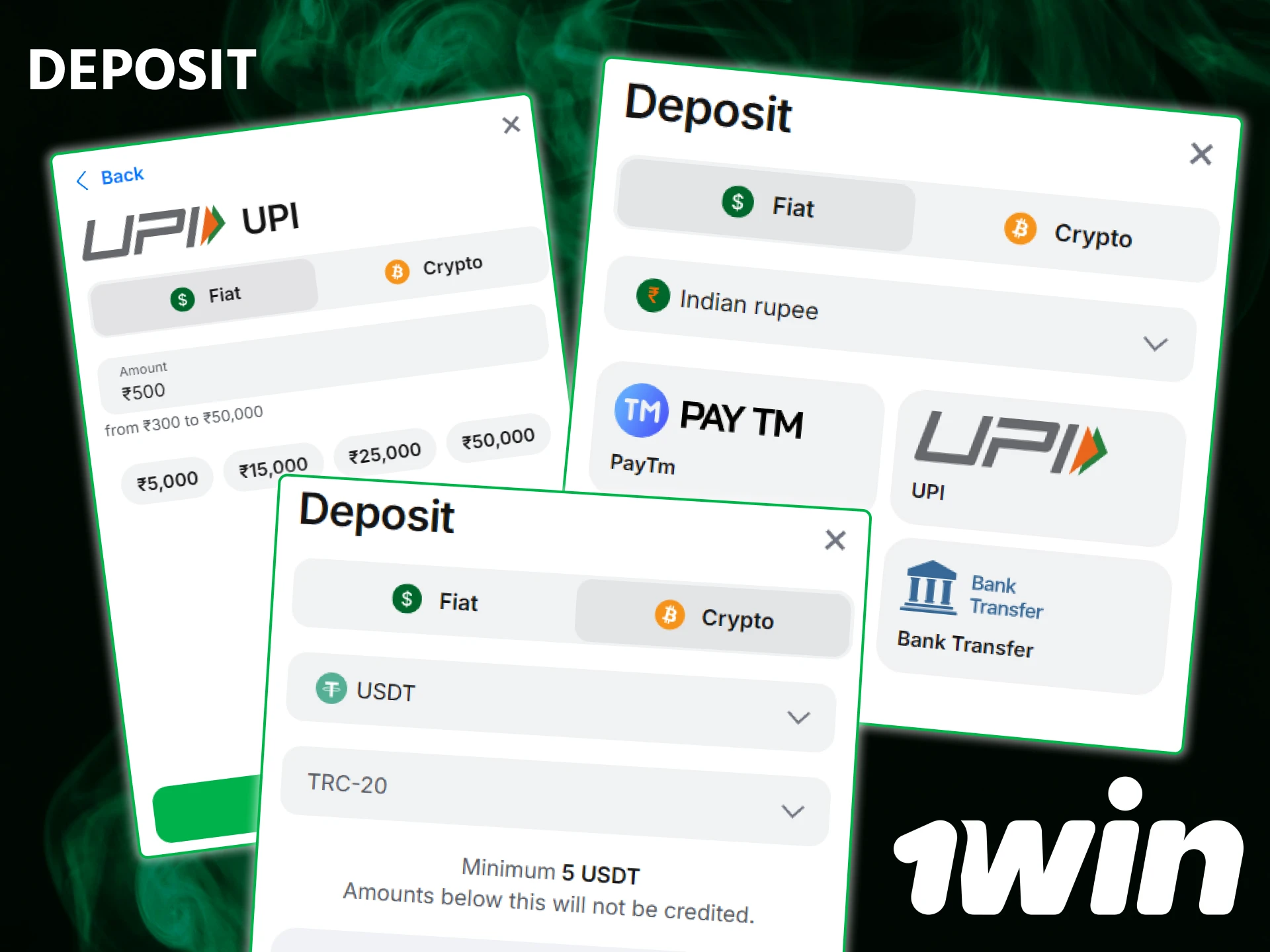 Follow the steps for making deposit at 1win using UPI, IMPS, or crypto.