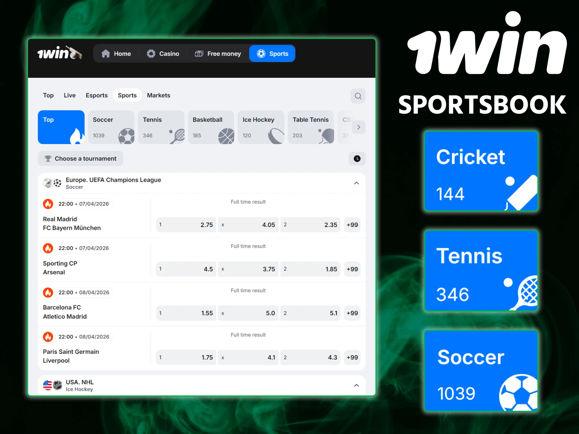 Explore thousands of daily events in the comprehensive 1win sportsbook.