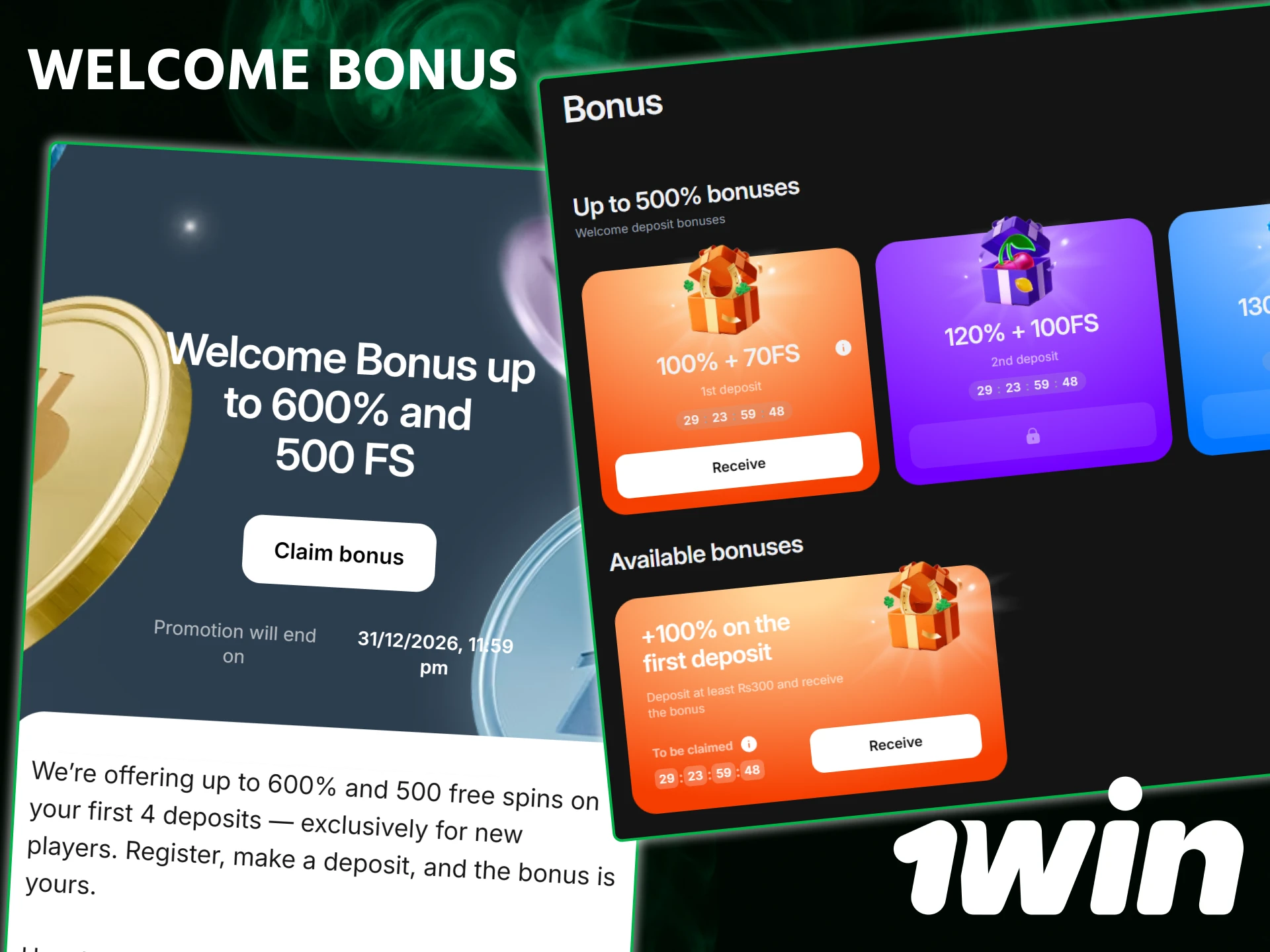 Claim the massive Welcome and First Deposit bonuses when you join 1win.