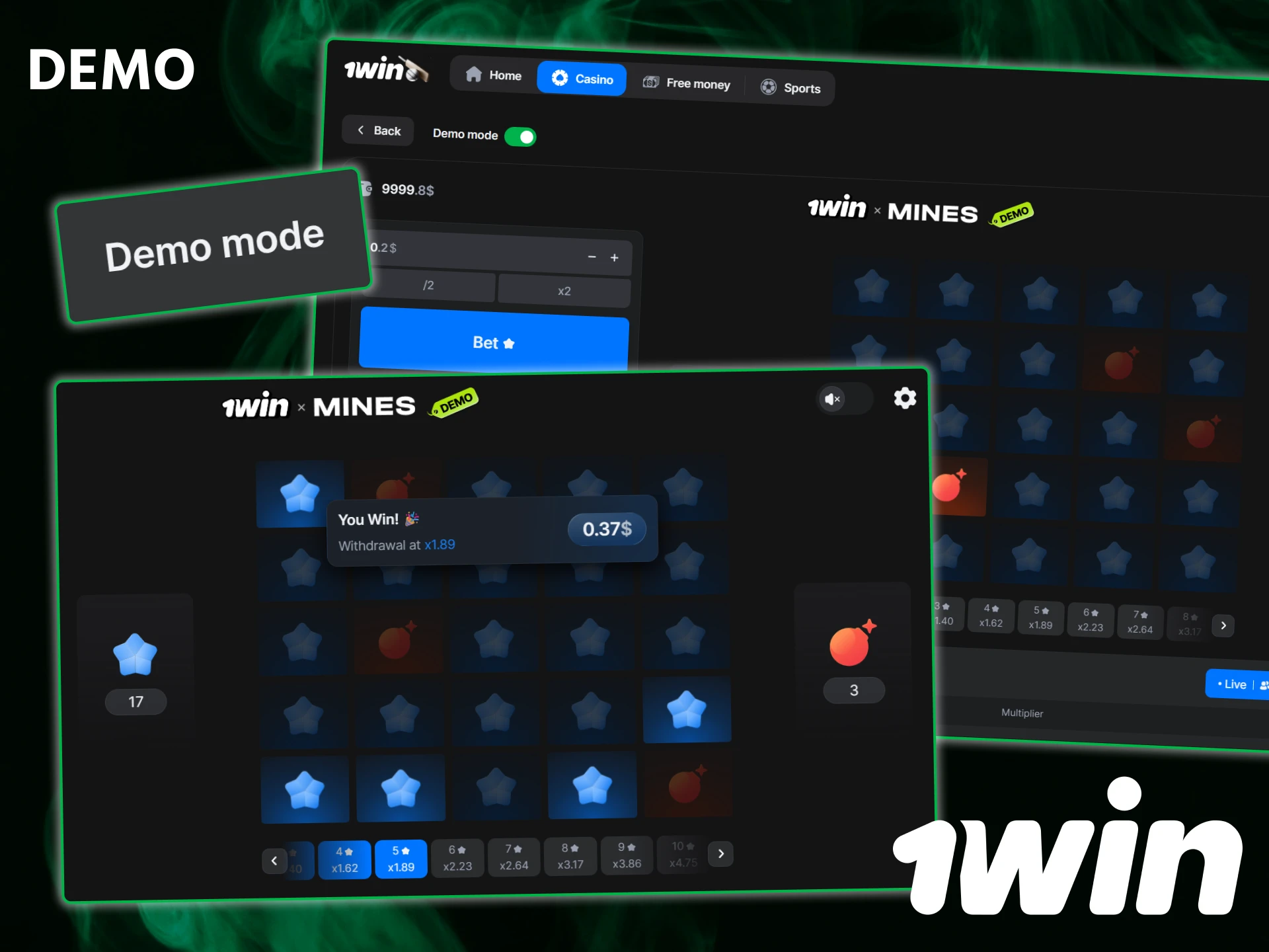 Try the 1win Mines demo to practice clearing the field without any risk.