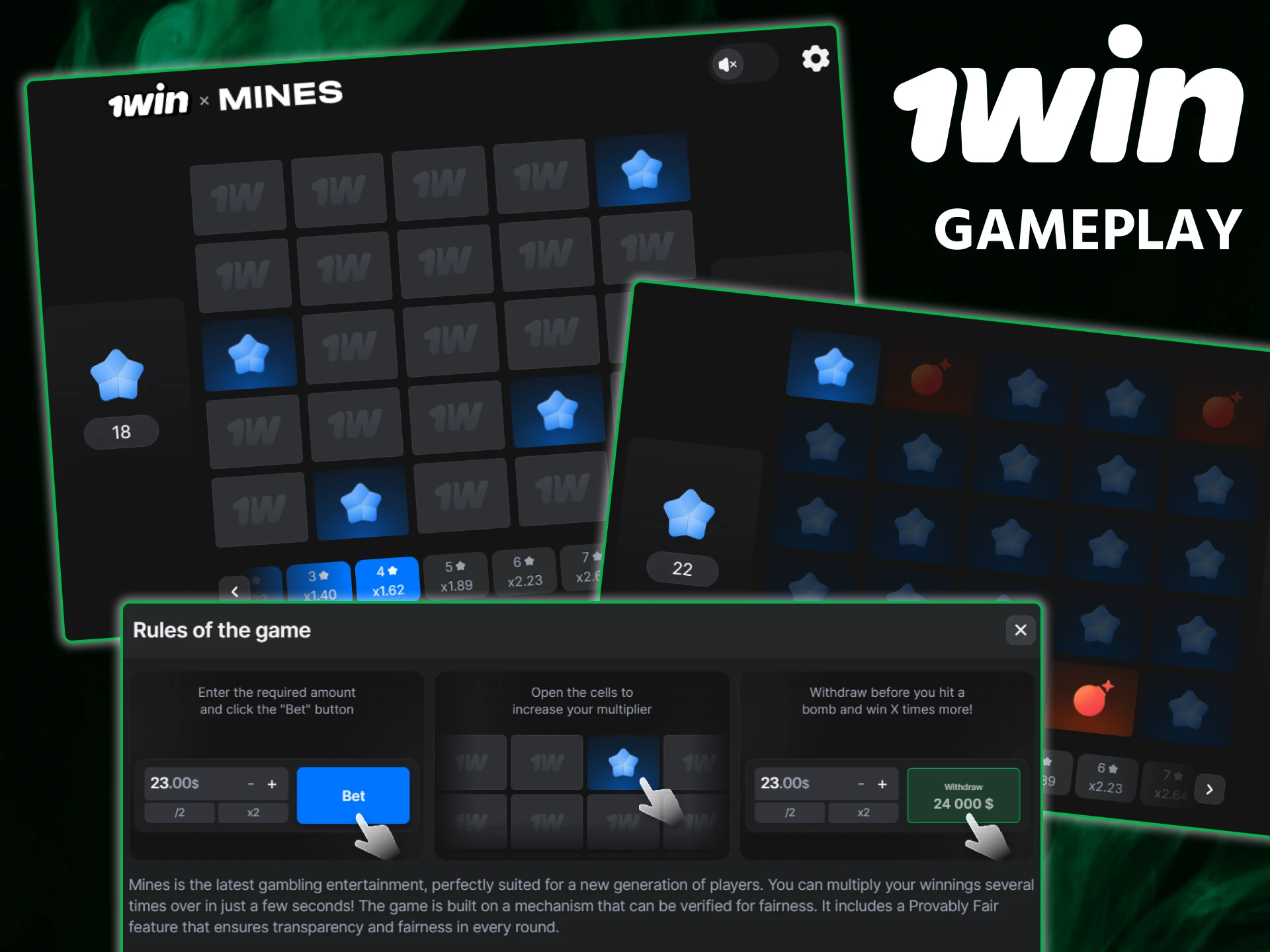 Master the 1win mines gameplay and learn how to adjust the number of traps.