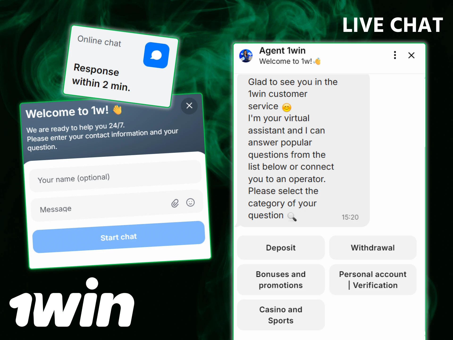 Connect with a real agent instantly using the official Live Chat support at 1win.