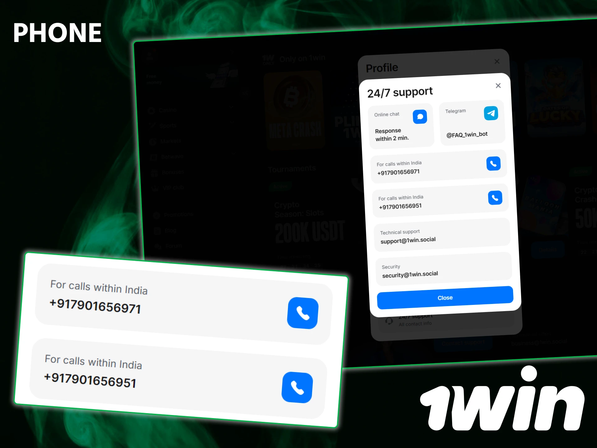 Get immediate help by calling the official phone support hotline for 1win players.