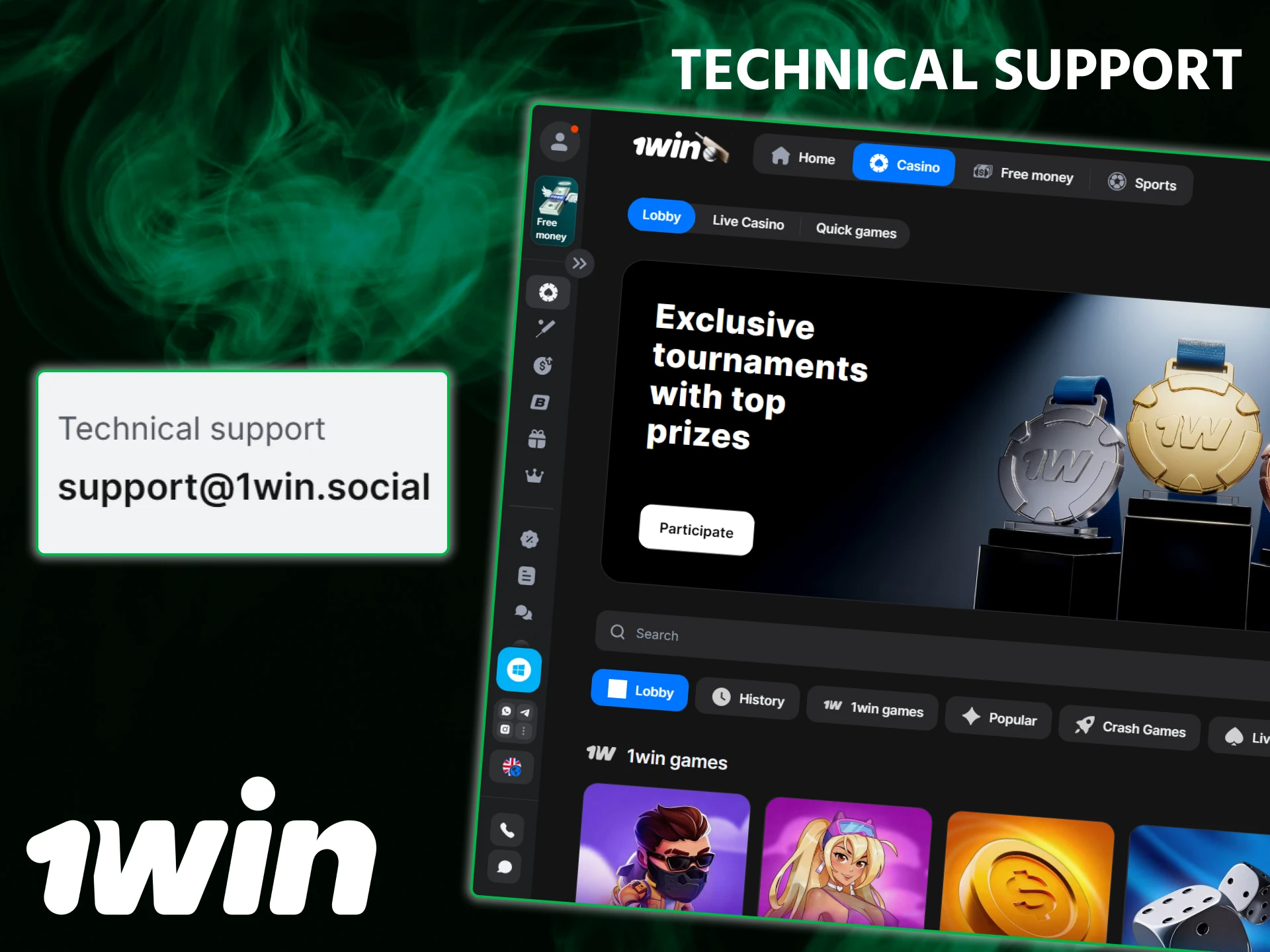 Contact technical support to resolve any app or website issues on the 1win platform.
